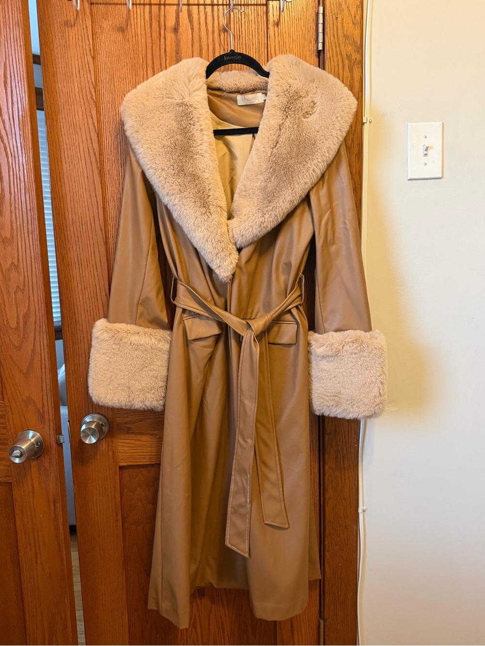 Kensie Camel Faux Leather Trench Coat with Plush Fur Trim